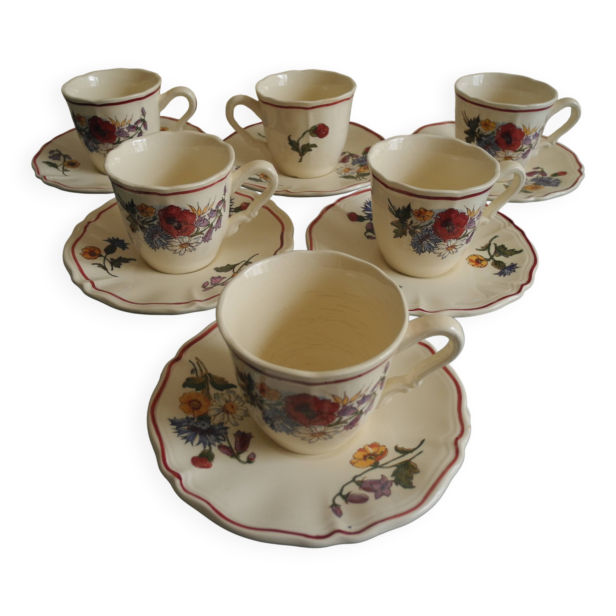 set of 6 Sarreguemines Agreste art table antique french cups plates