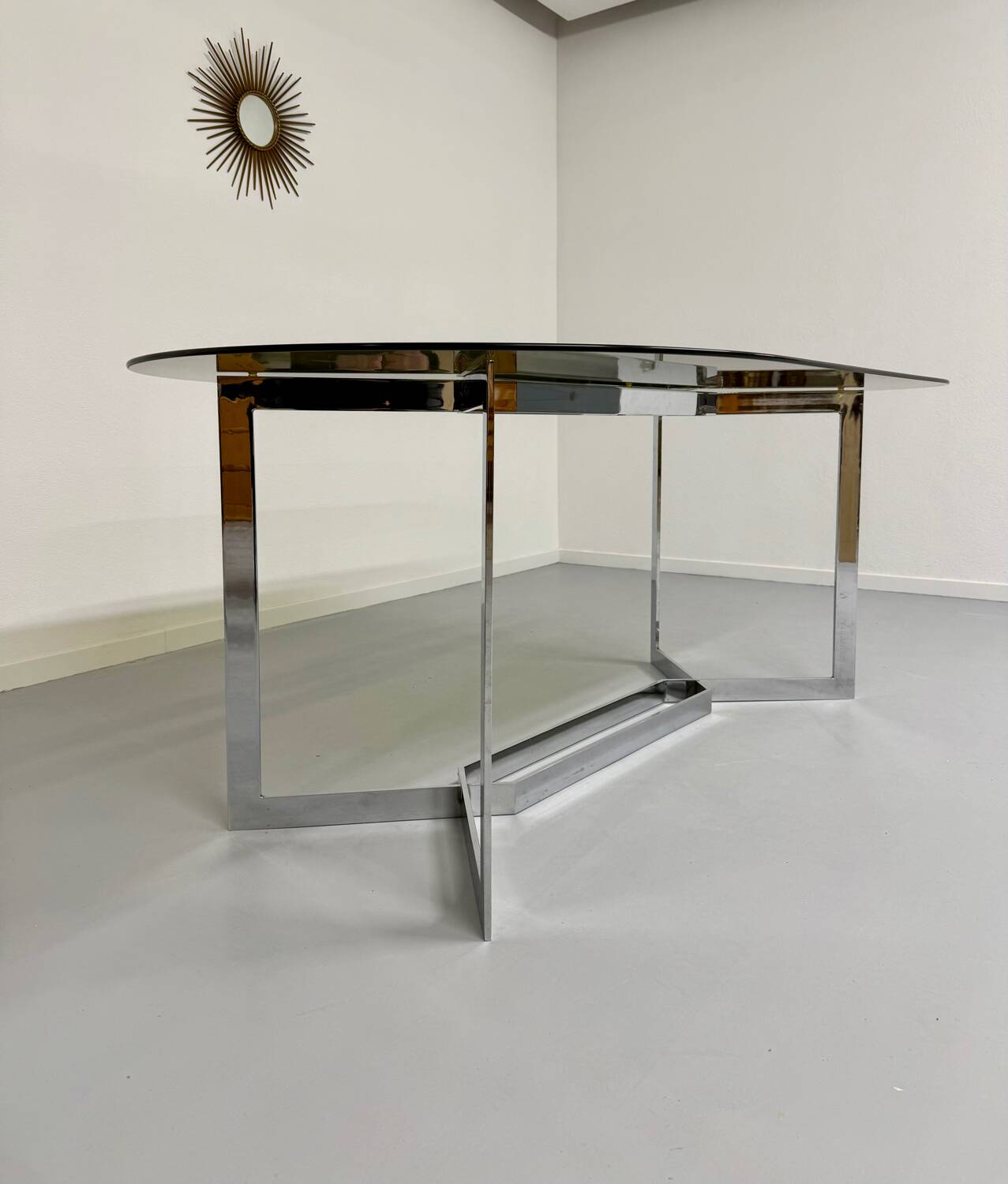 Vintage chrome and smoked glass table, 70s design, Paul Legeard DOM
