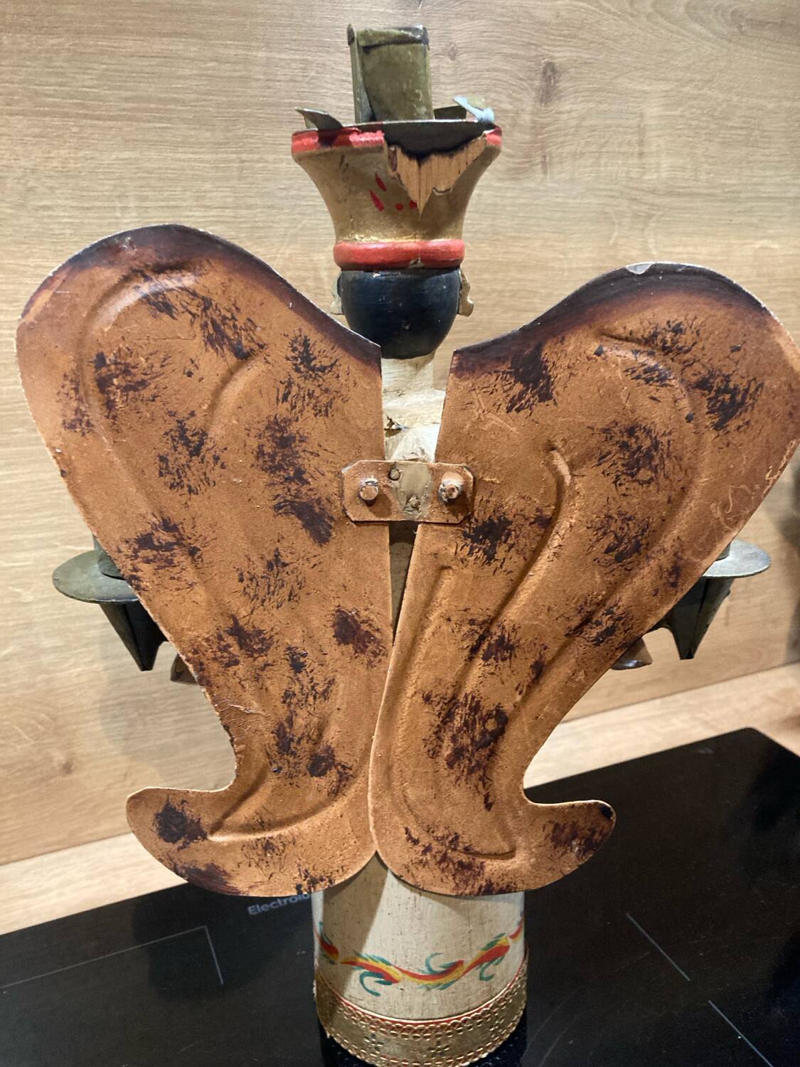 German polychrome wooden angel of light candle holder