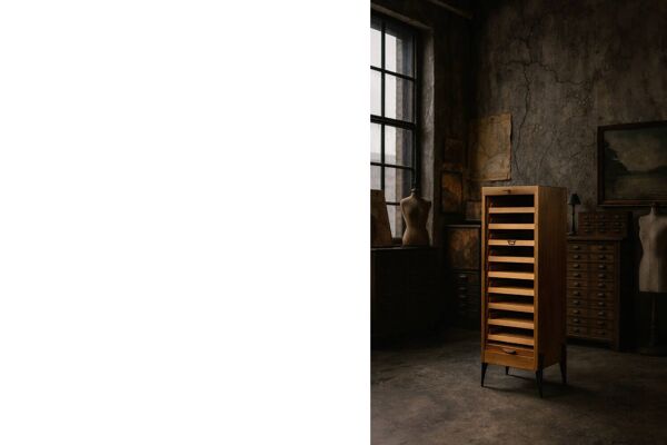 Vintage Industrial Danish Roller Shutter Brown Oak Cabinet with Drawers