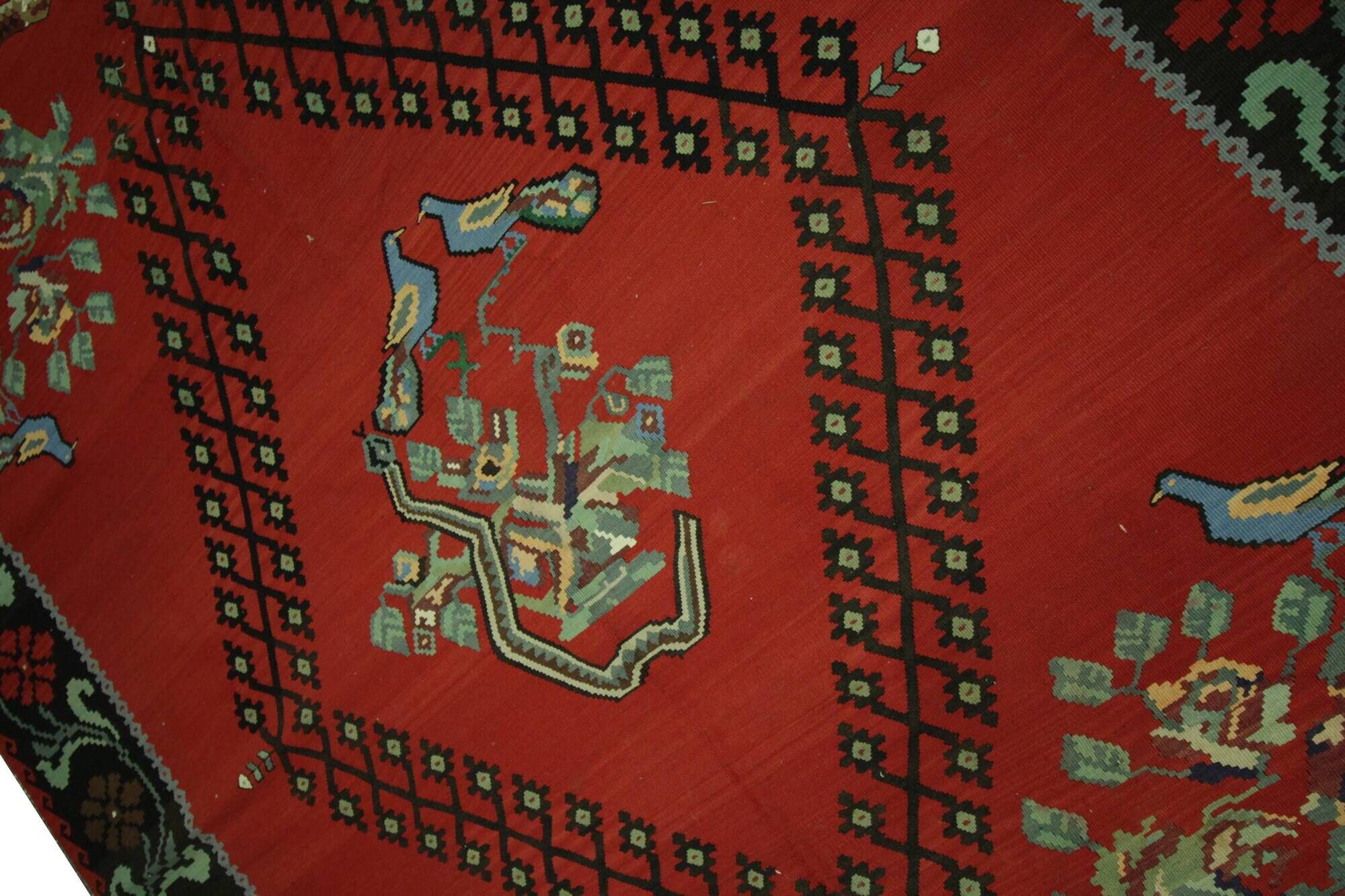 Vintage Red Caucasian Kilim Rug Handwoven Tribal Wool Flatweave Carpet