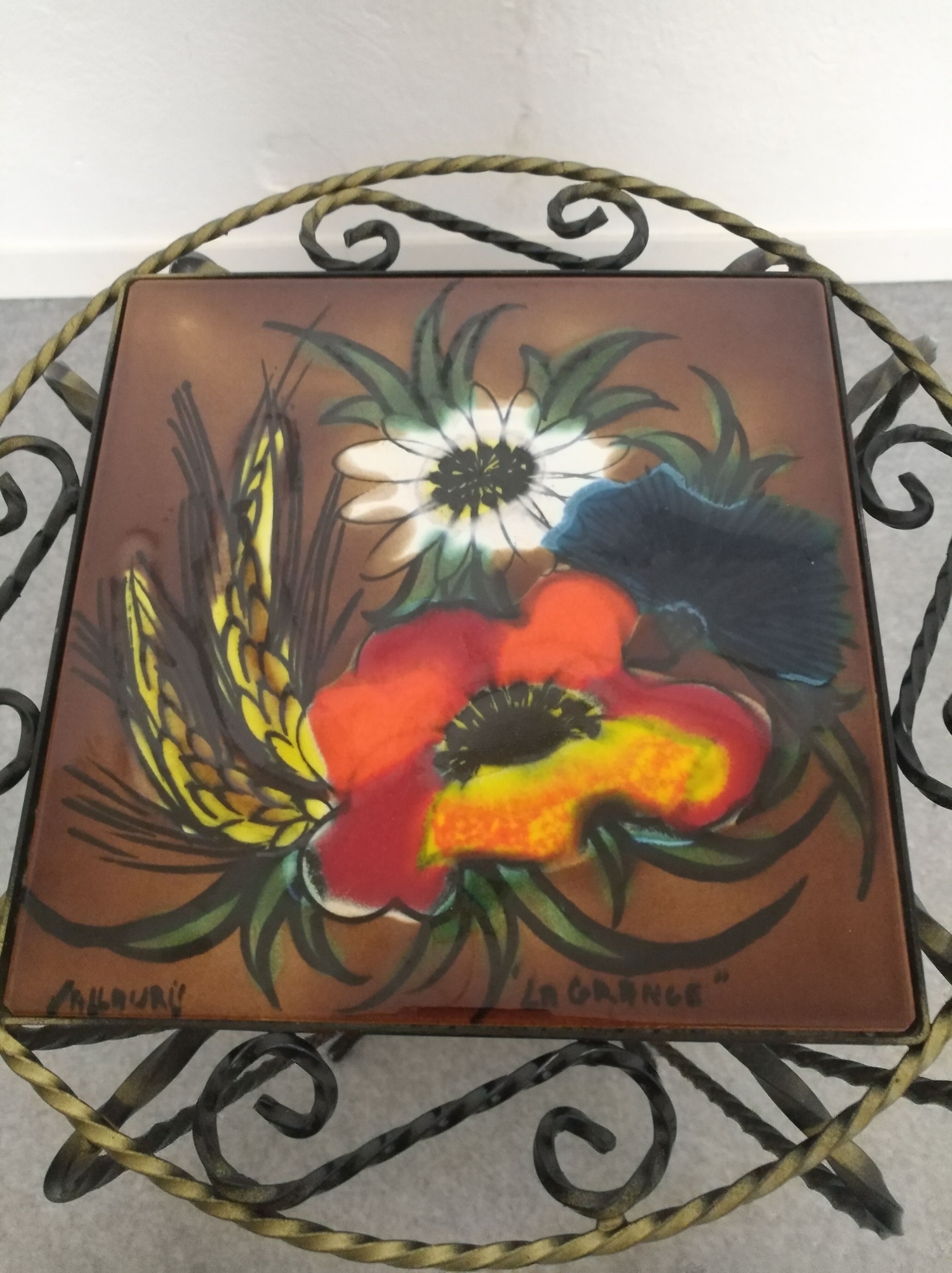 Vallauris wrought iron and ceramic side table