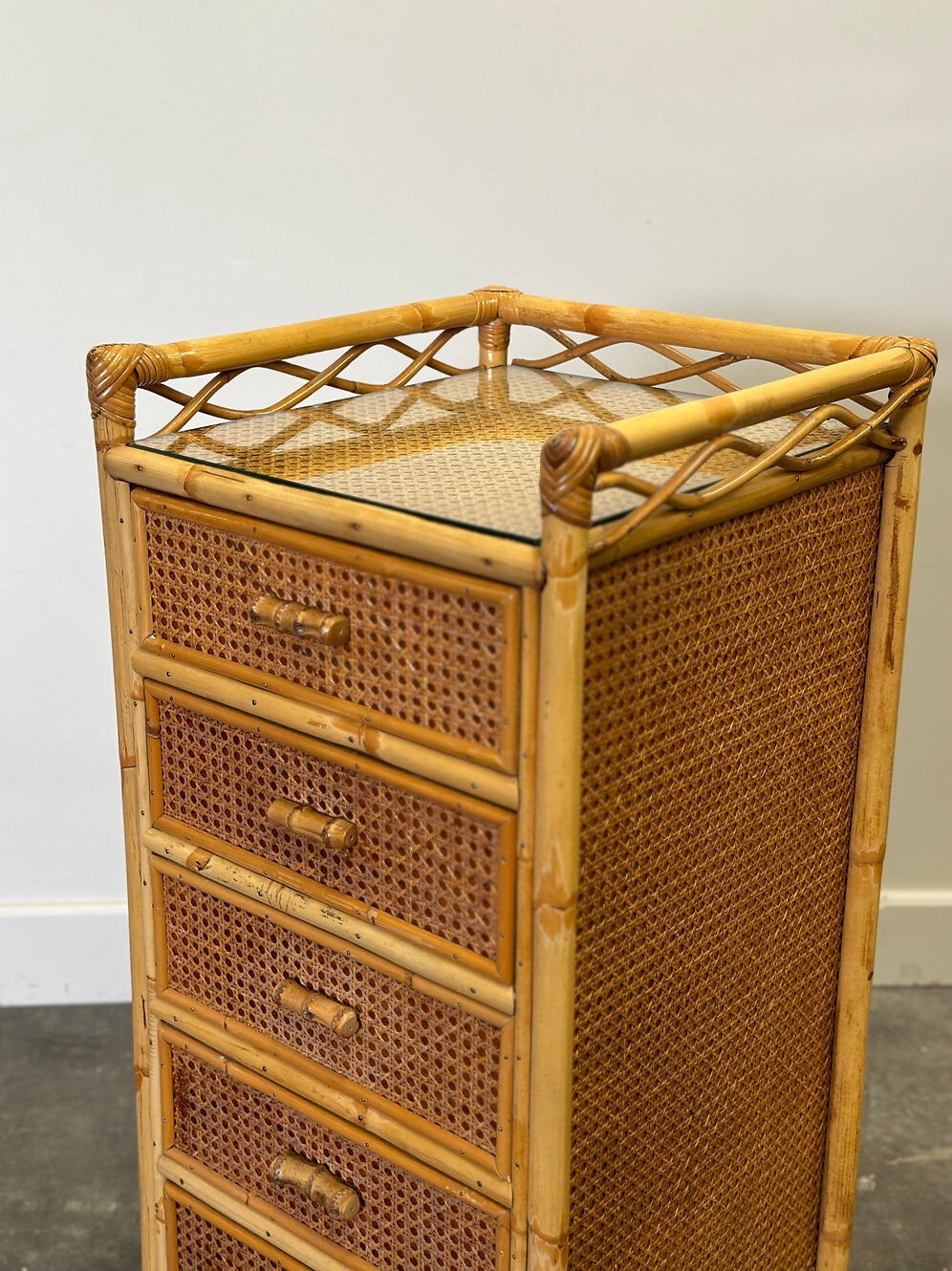 Mid-century rattan highboy / tallboy chest of drawers by Angraves, England, 1970