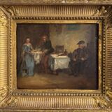 Oil on panel tavern scene monogram BC 19th century
