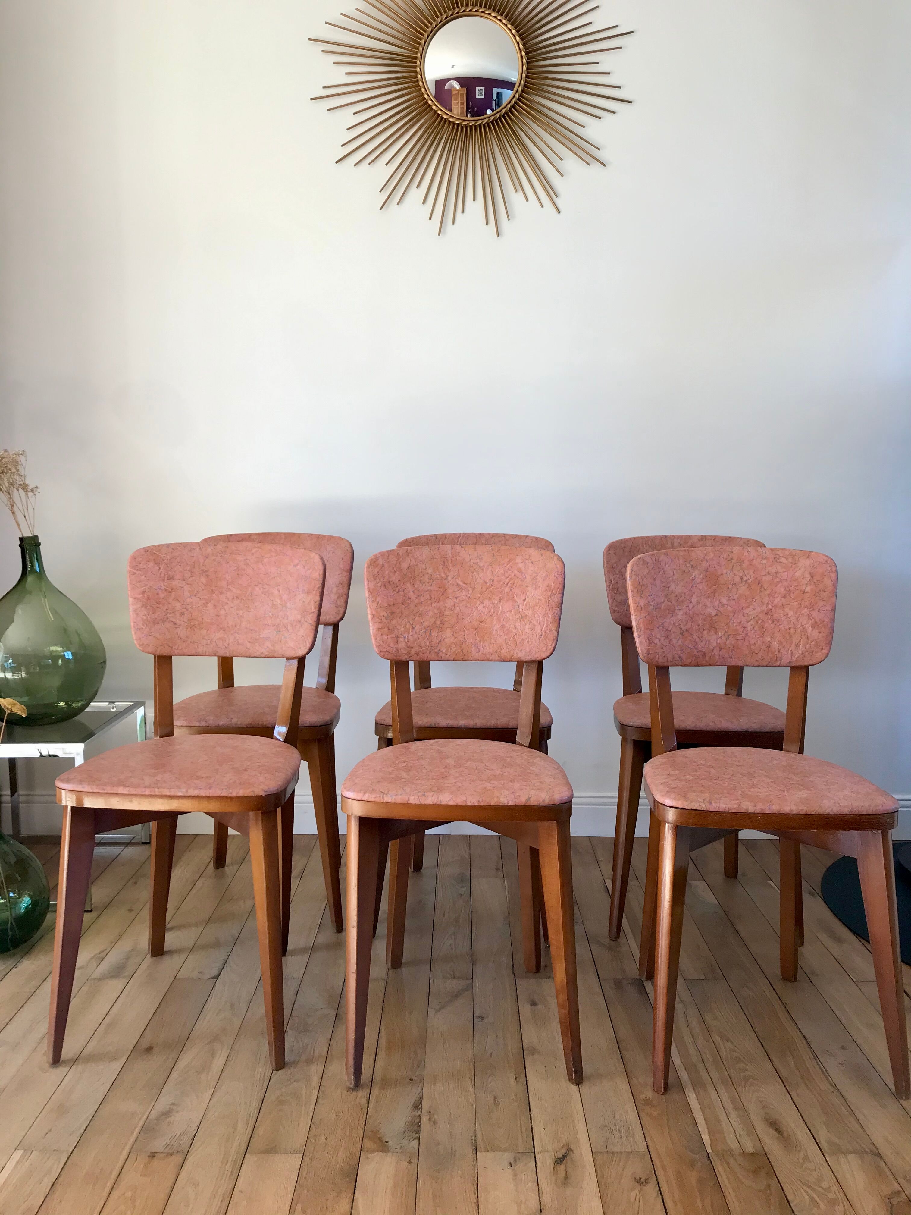 Set of 6 Scandinavian chairs in beech wood and pastel skaï 50s