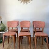 Set of 6 Scandinavian chairs in beech wood and pastel skaï 50s
