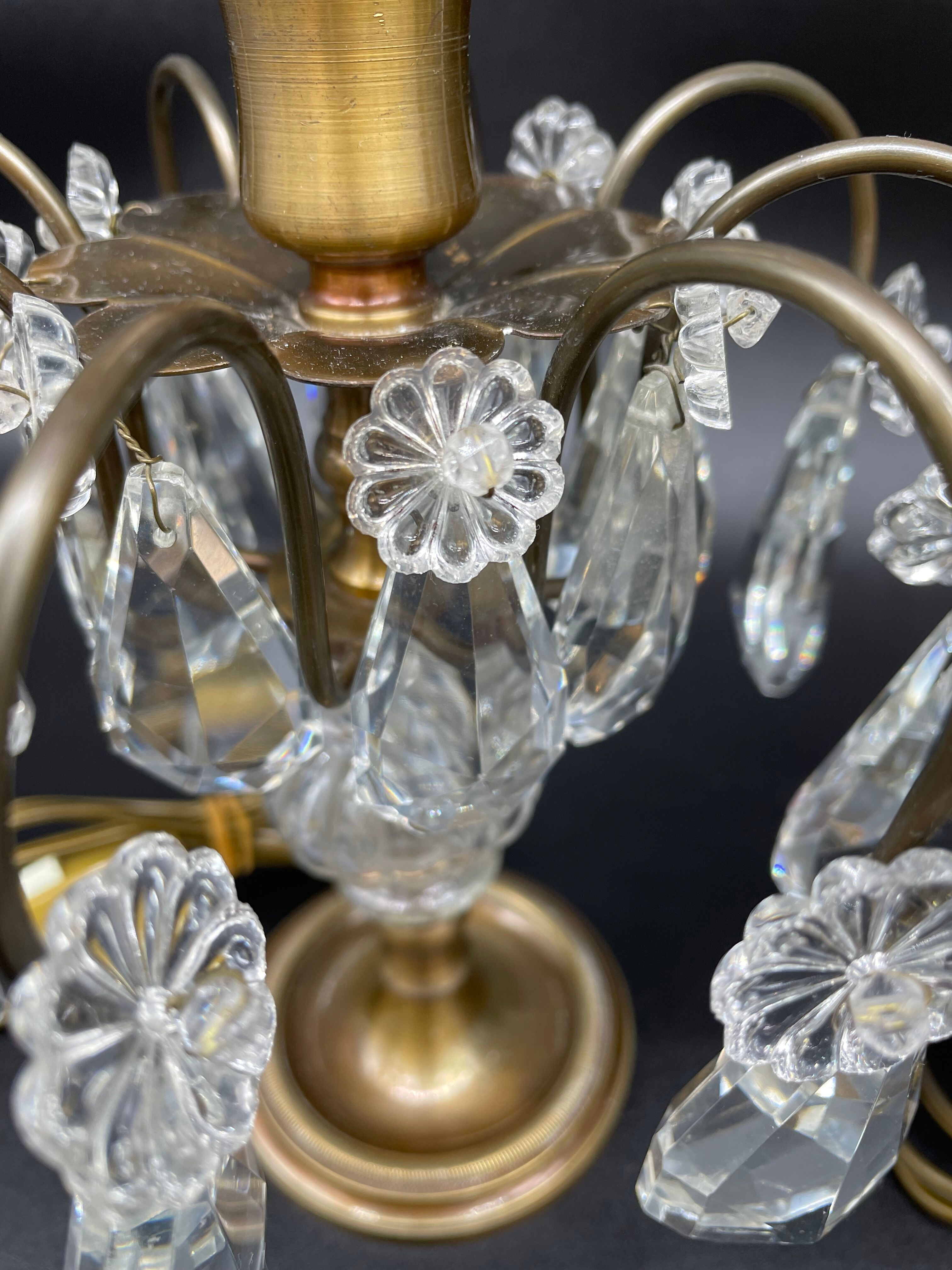 Antique, pair girandoles, candle holders, gilded brass, tassels, glass, drops, florets, 1 burner