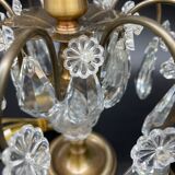 Antique, pair girandoles, candle holders, gilded brass, tassels, glass, drops, florets, 1 burner