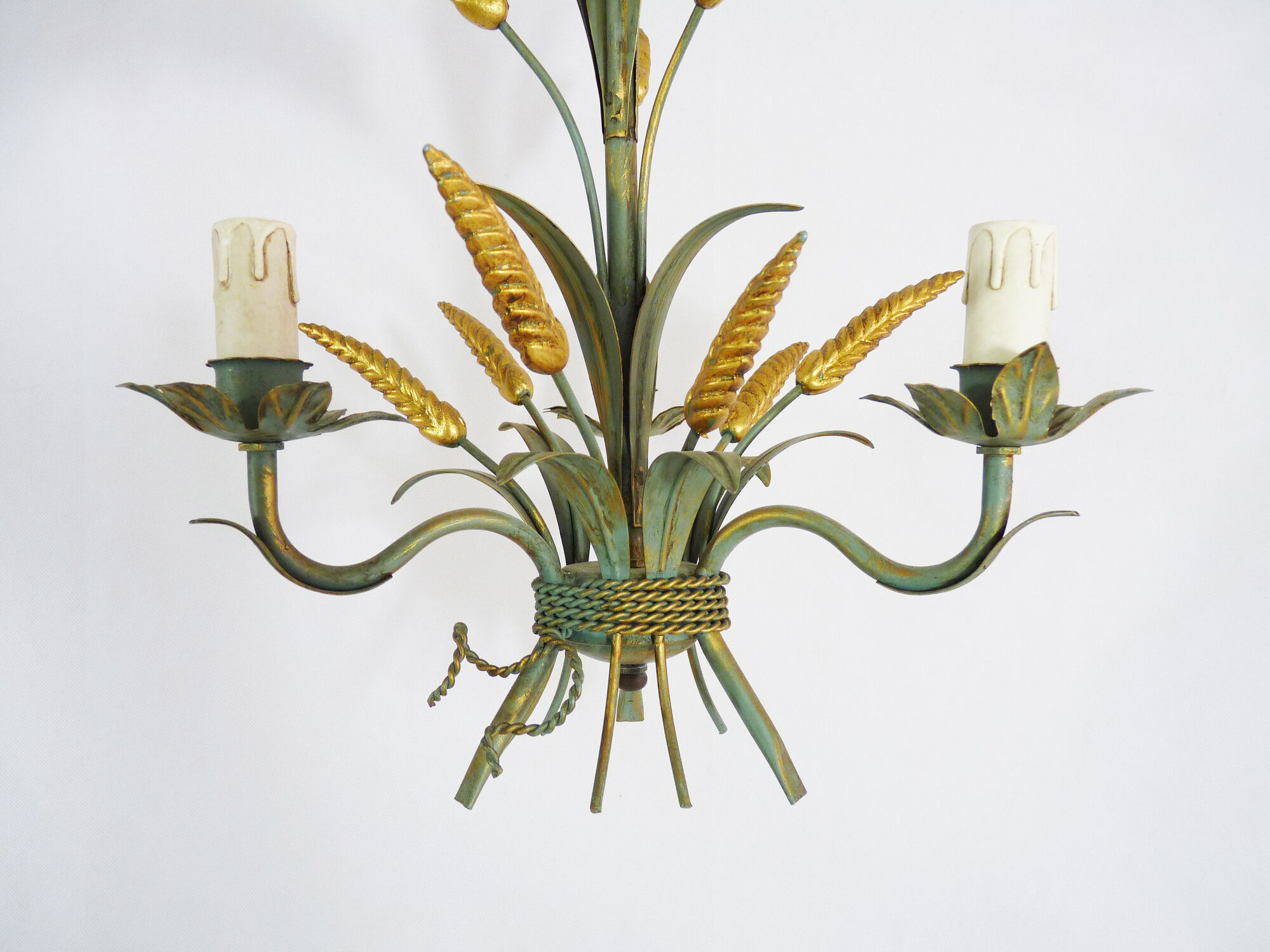 Masca's wheat ear chandelier in aged green and gold metal, 3 fires, year 70/80