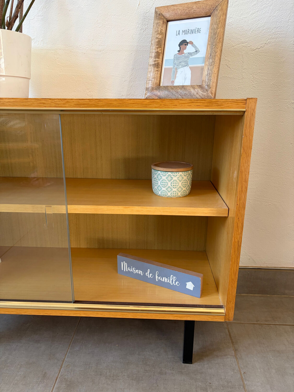 Vintage oak display cabinet from the 1960s.
