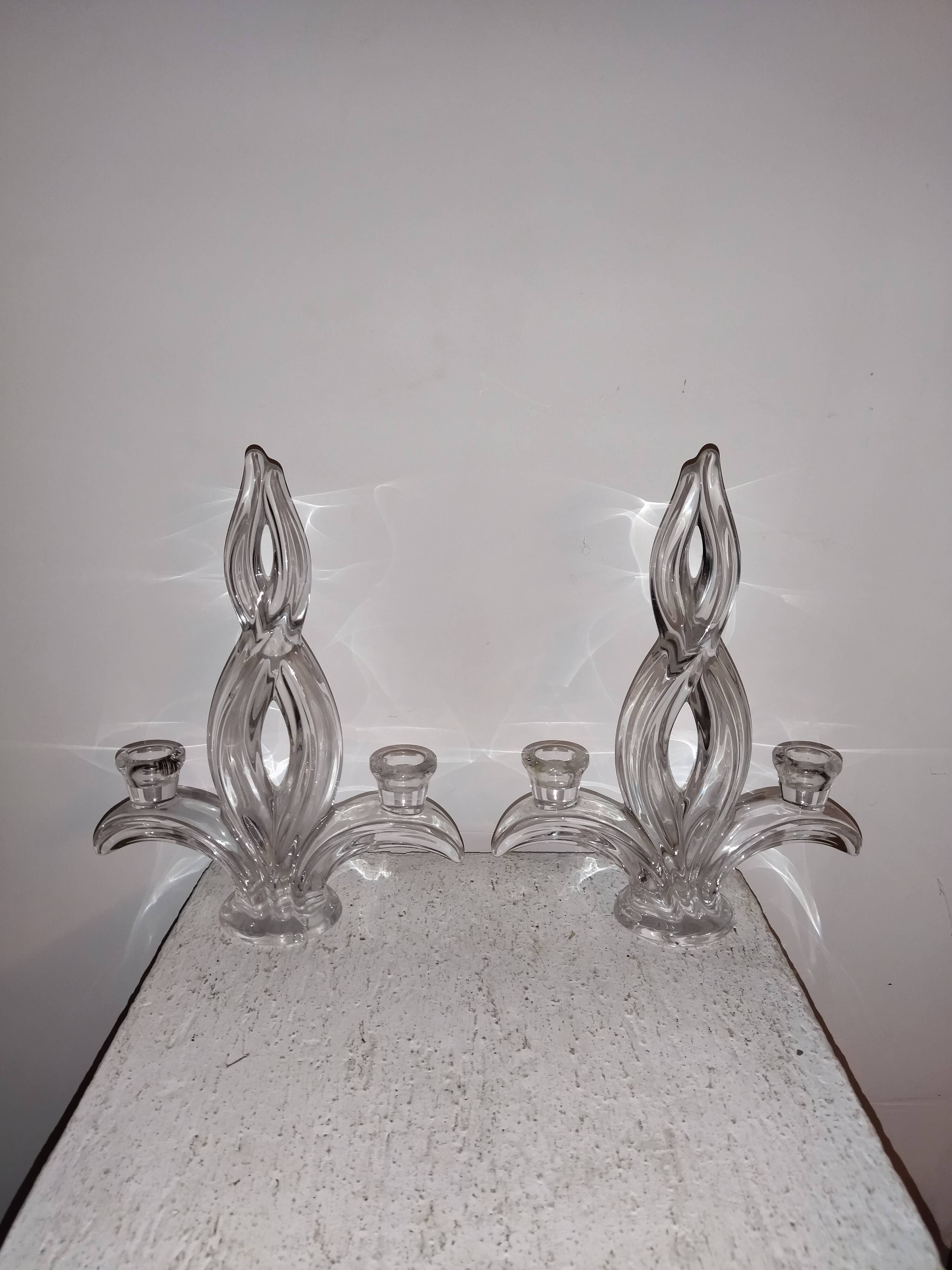 Pair of glass candle holders signed Vannes France