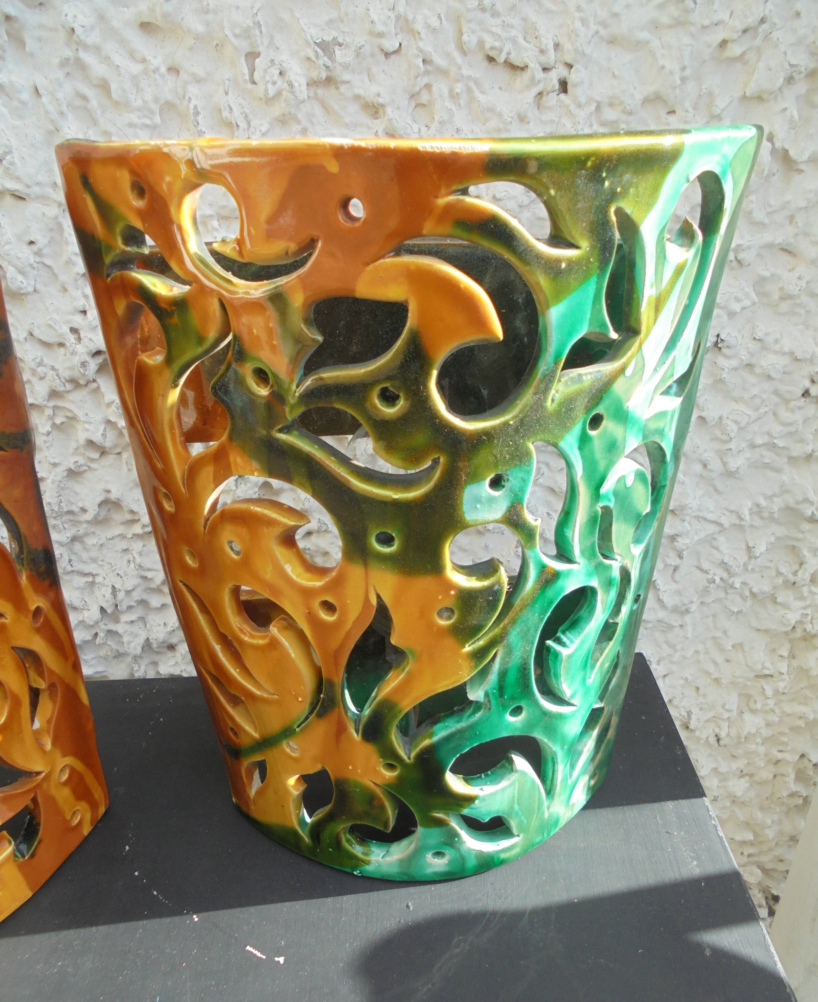 Pair of ceramic wall lights in Vallauris style, Brunin.