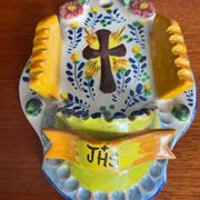 Vintage glazed terracotta holy water font