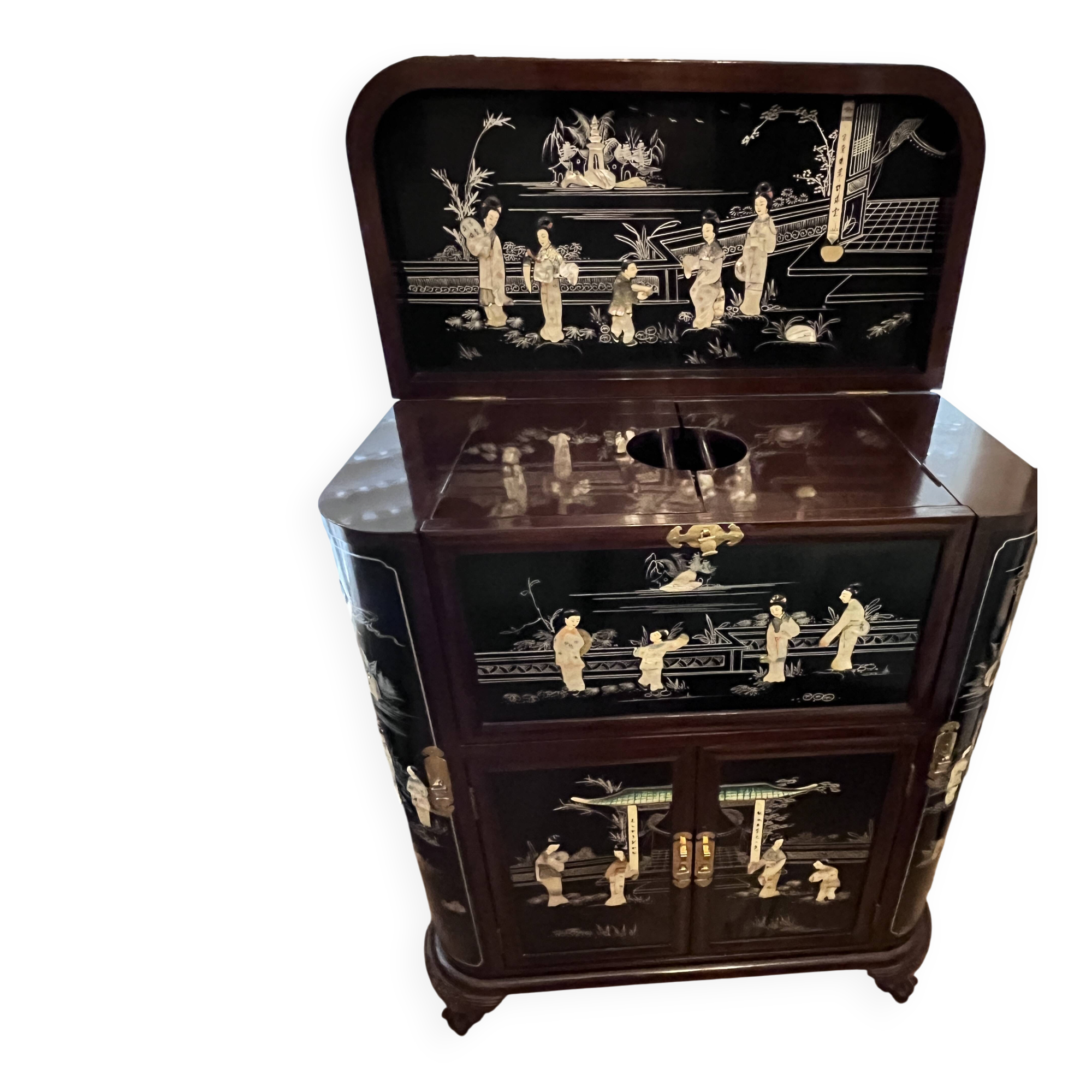 "Chinese black lacquer cabinet, mother-of-pearl inlays, court scenes"