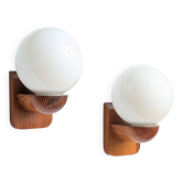 Pair of solid pine and opaline wall lights