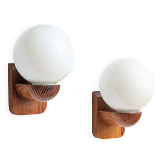 Pair of solid pine and opaline wall lights