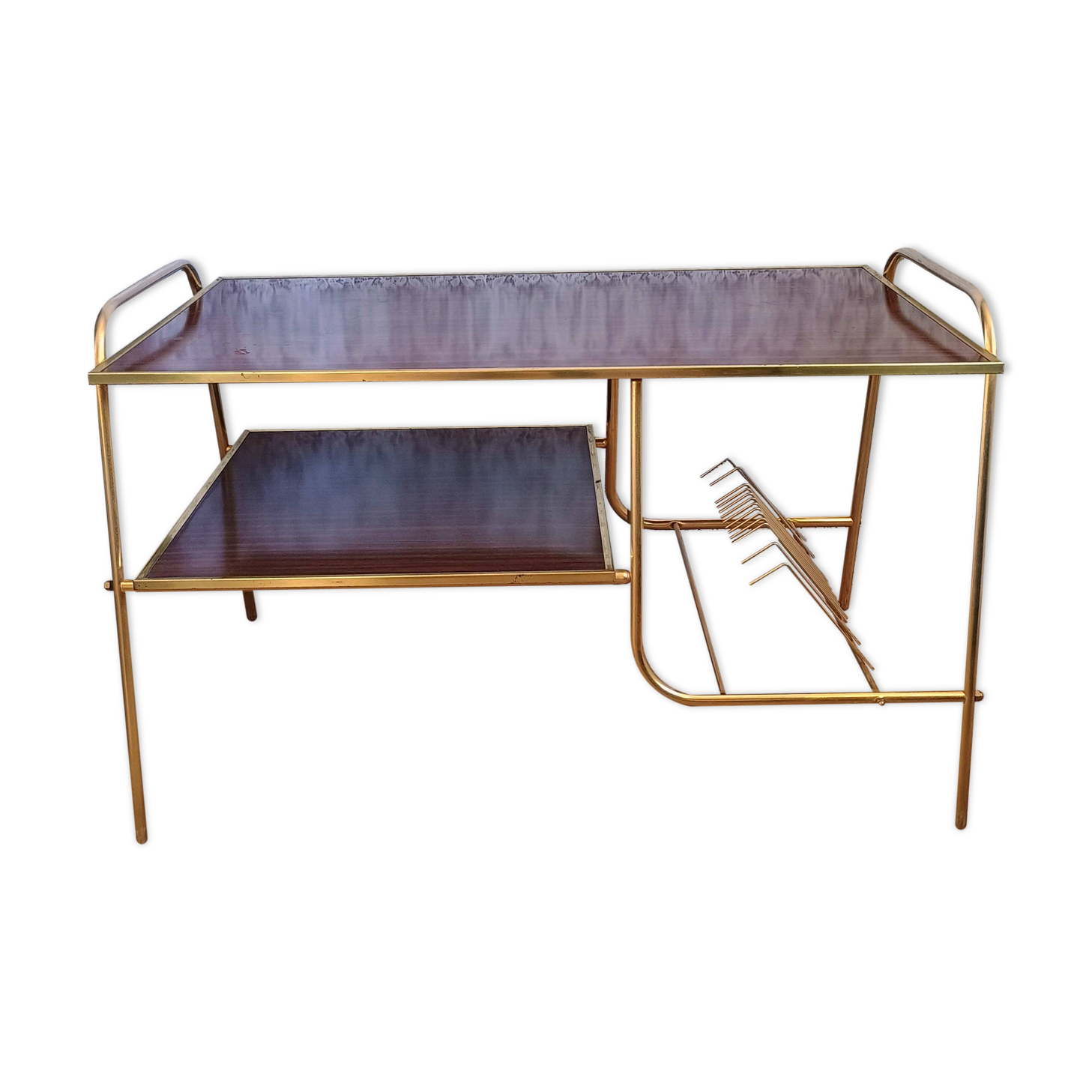Coffee table with gold metal vinyl holder from the 70s)