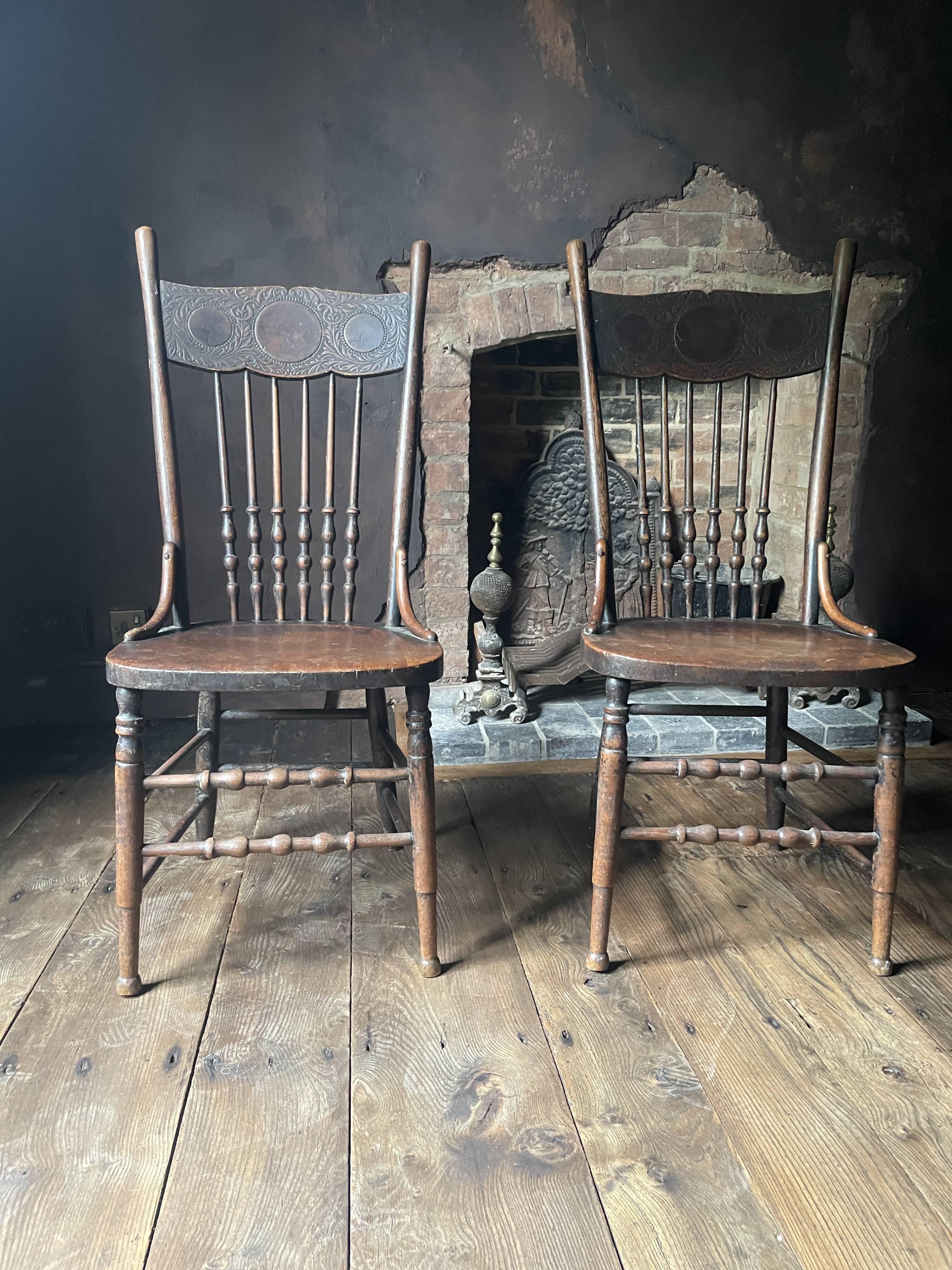 Pair of Antique Country Chairs with Carved Crest Rails | Vernacular Spindle