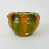 Glazed terracotta pot with 4 yellow and green handles. Flower pot