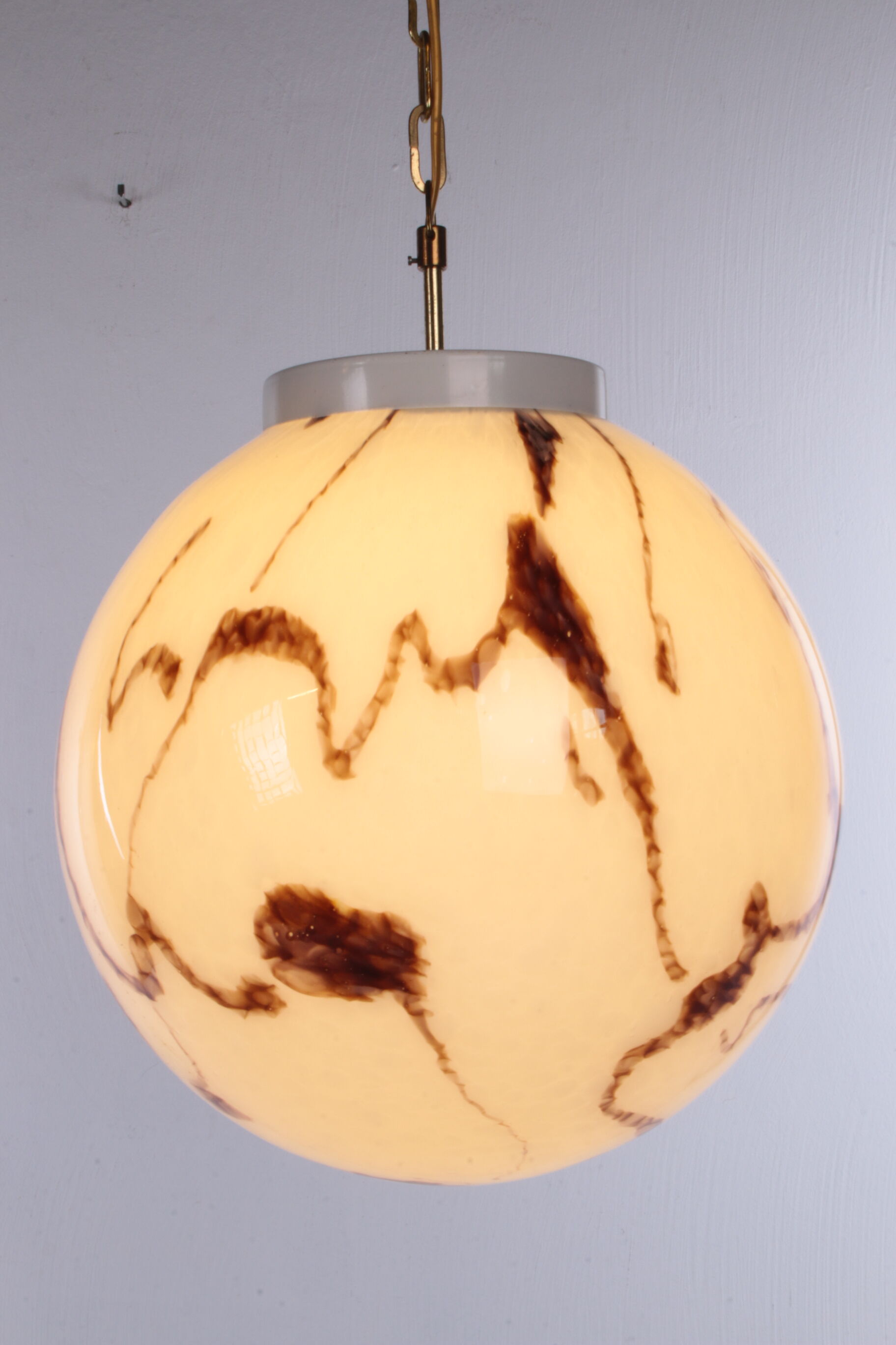 Vintage Hanging lamp Hollywood Regency style with white mixed glass ball.