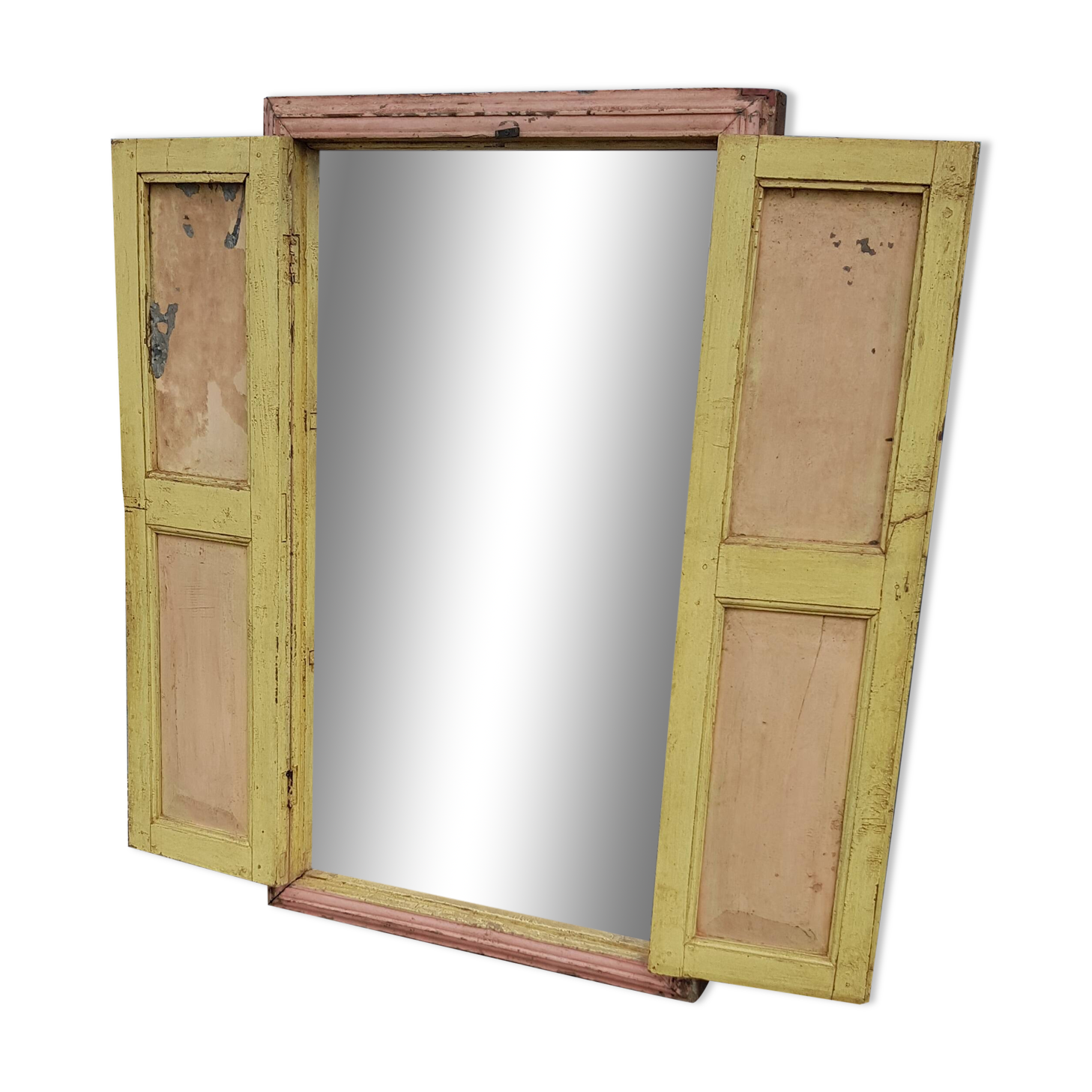 Old polychrome Burmese teak window with interior mirror.