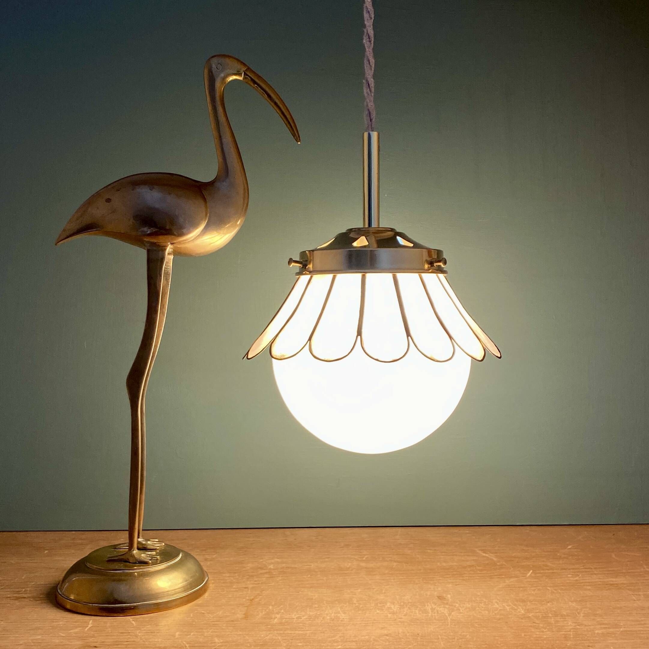 Globe pendant light and vintage lampshade in opaline and mother-of-pearl