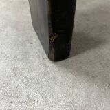 Living room sofa and brutalist armchairs in leather and wood, 70s, chalet style