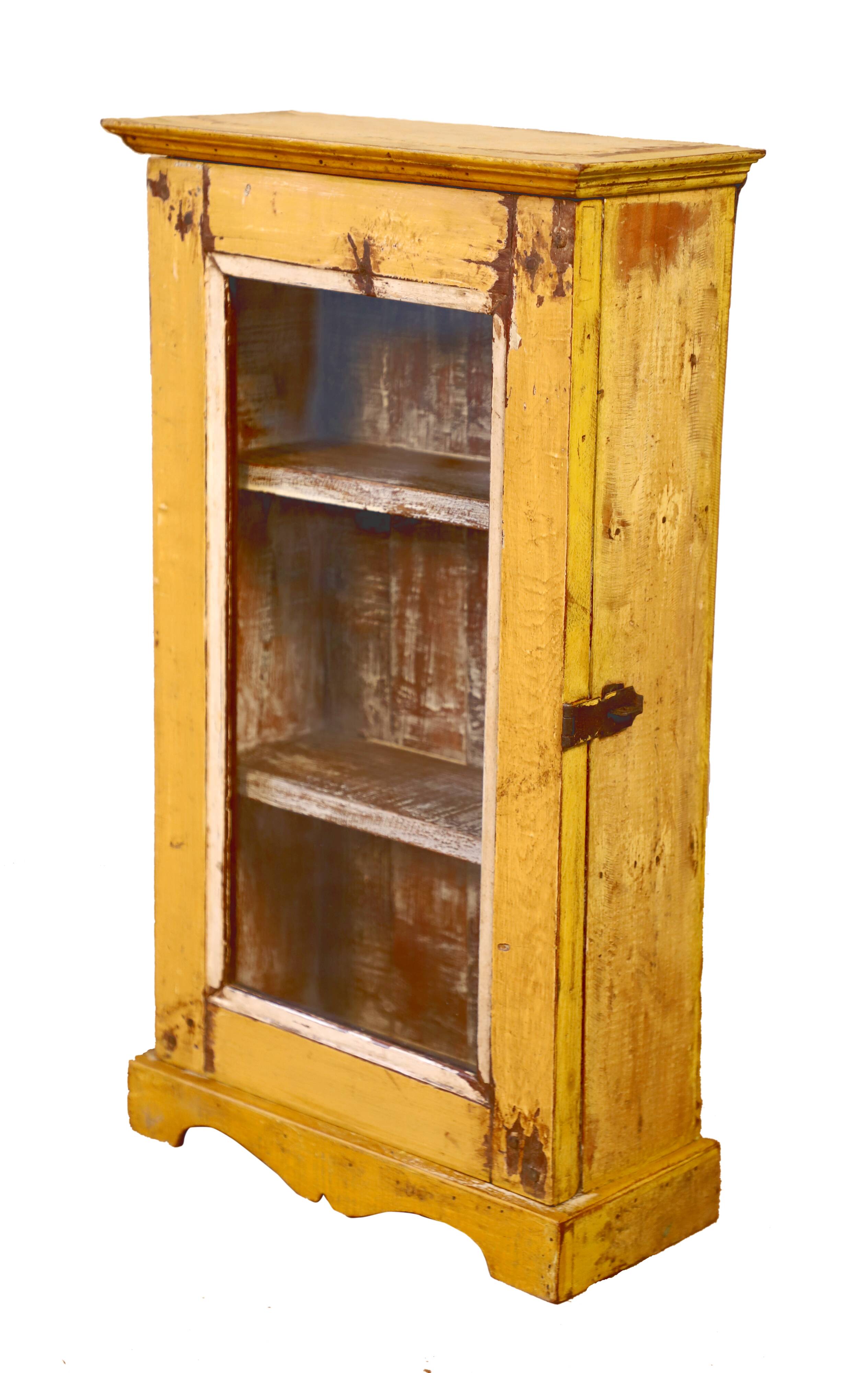 Showcase burmese teak wall shelf with original yellow patina