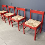 Chaises de salle à manger en laque rouge et osier, années 1970