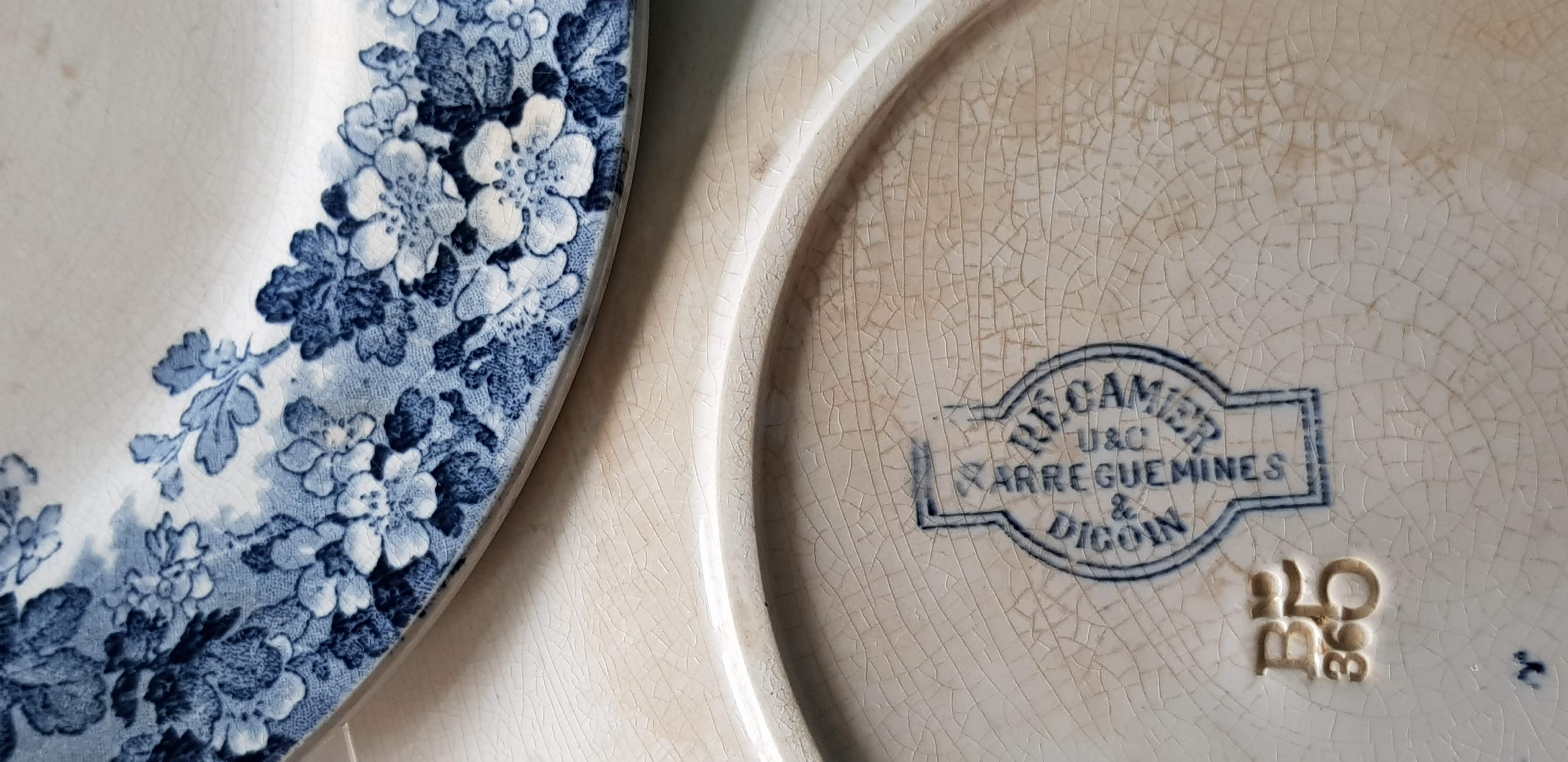 Sarreguemines and Digoin set of 6 dessert plates model RECAMIER blue floral decoration