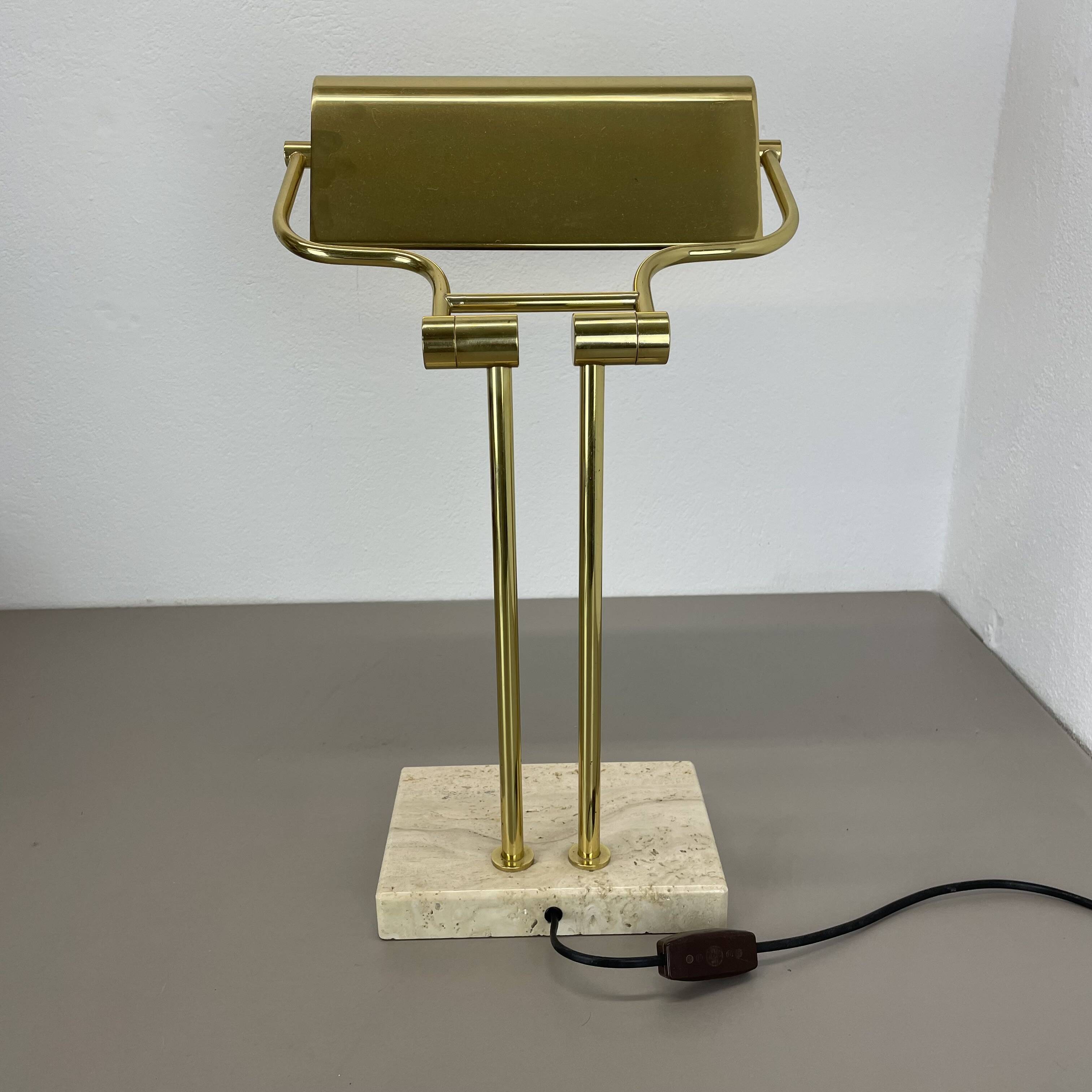 Modernist Travertine and Brass Table Light by Hillebrand Leuchten, Germany, 1980