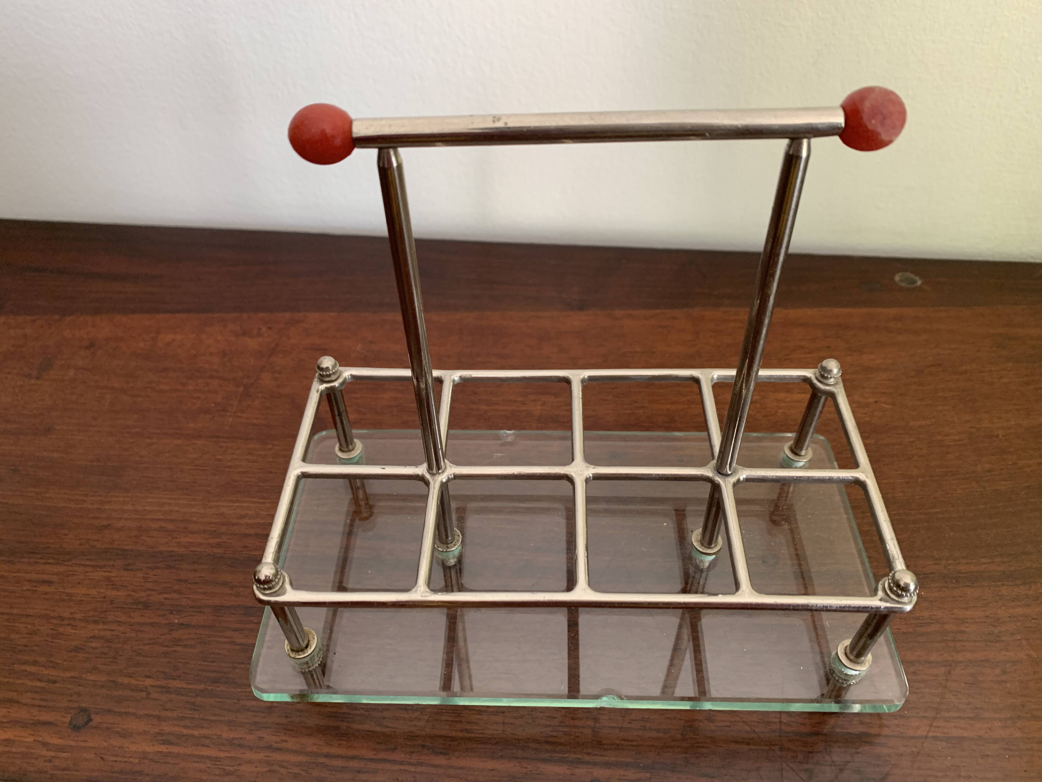 set of six digestive glasses with glass and metal tray