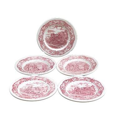 5 assiettes à dessert rouges et blanches en grès de W H Grindley