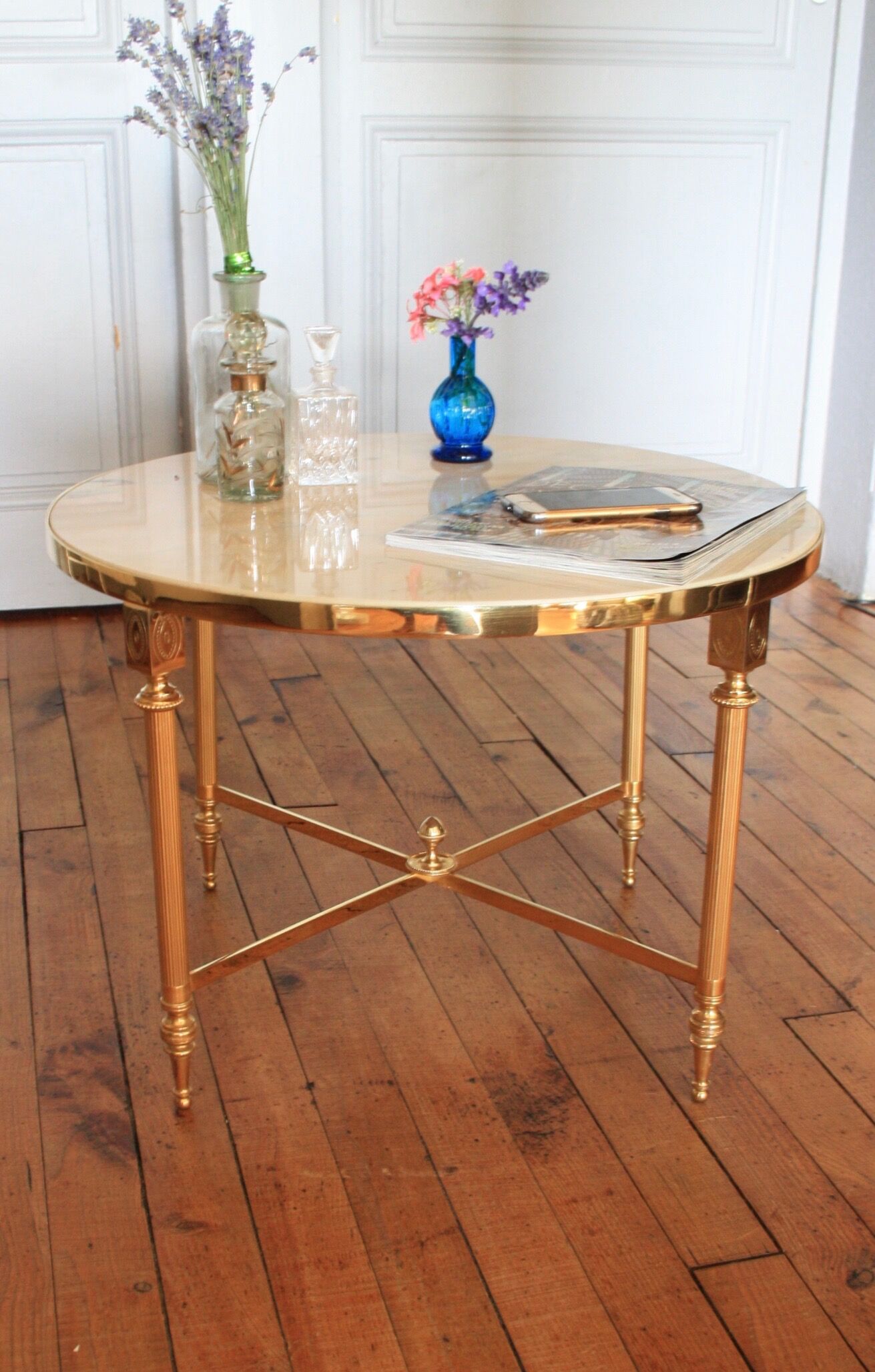 Marble and brass round coffee table