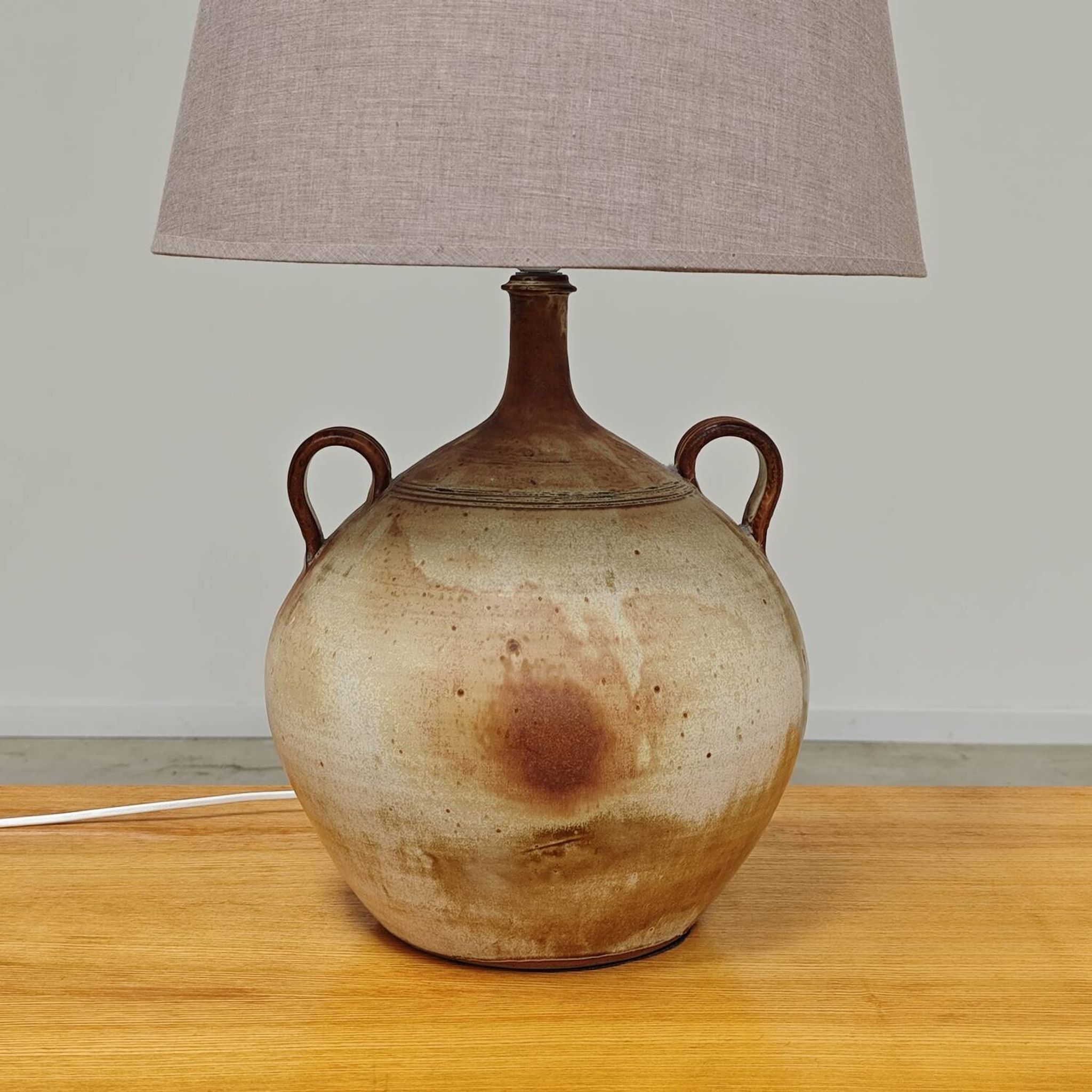 Modernist ceramic sandstone lamp with two handles from the 1950s