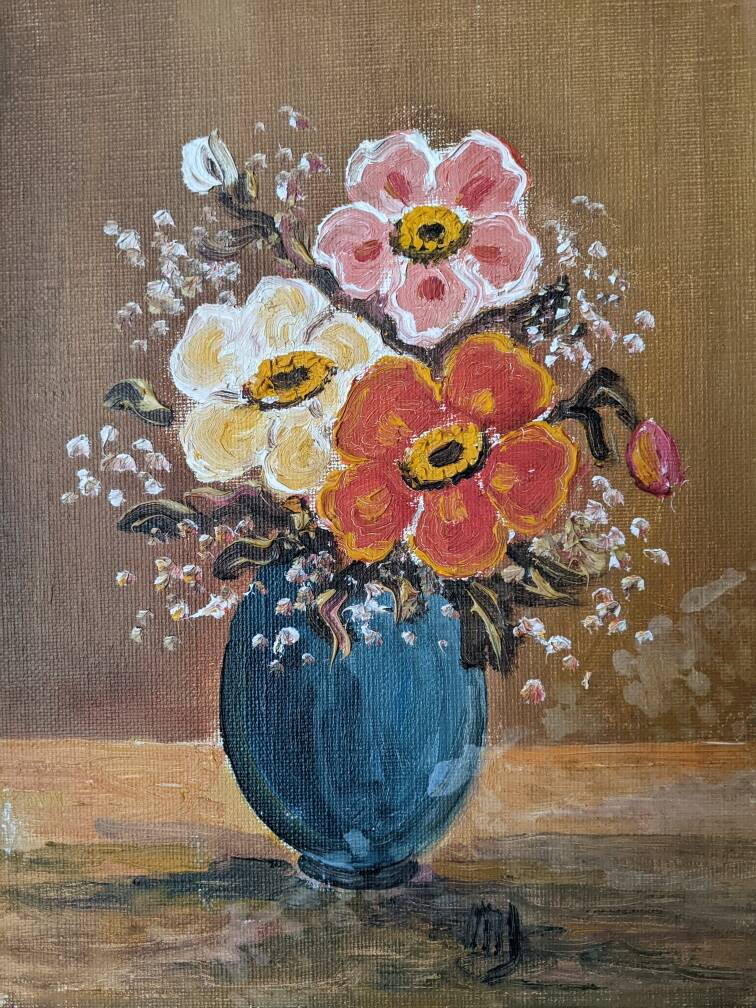Old acrylic painting on canvas bouquet of bohemian countryside flowers