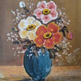 Old acrylic painting on canvas bouquet of bohemian countryside flowers