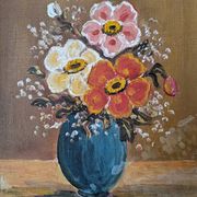 Old acrylic painting on canvas bouquet of bohemian countryside flowers