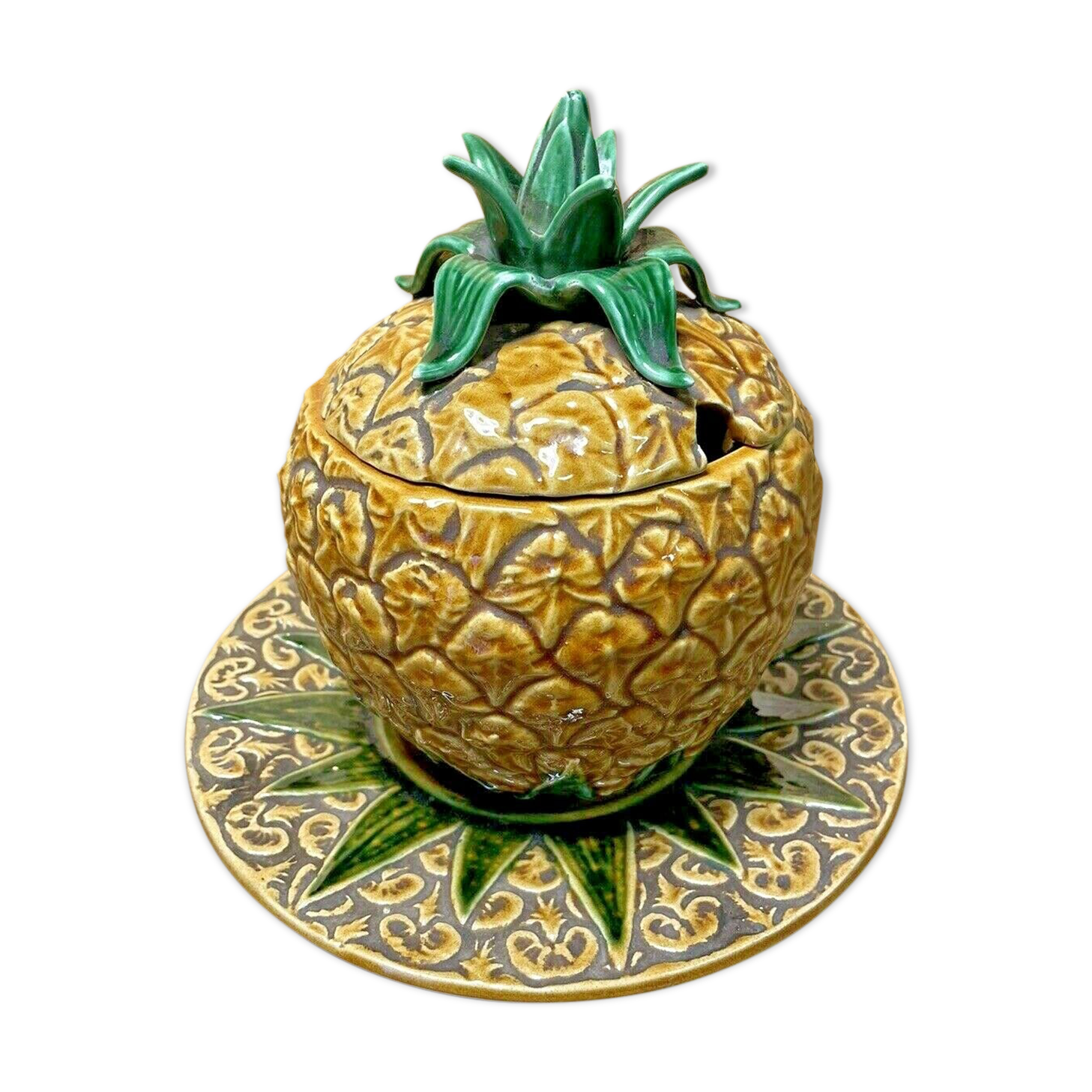 Barbotine ananas vintage ensemble pot et plat, deco exotique