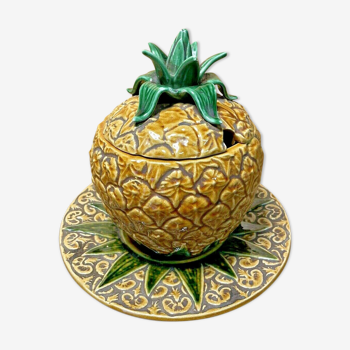 Barbotine ananas vintage ensemble pot et plat, deco exotique