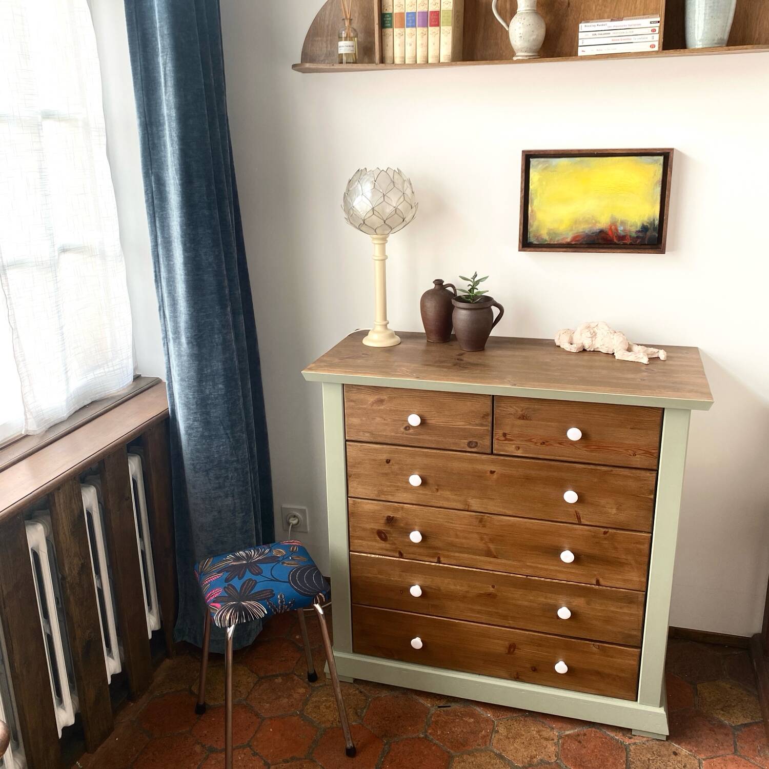 Vintage stool - Upcycling - tapestry - Romy green