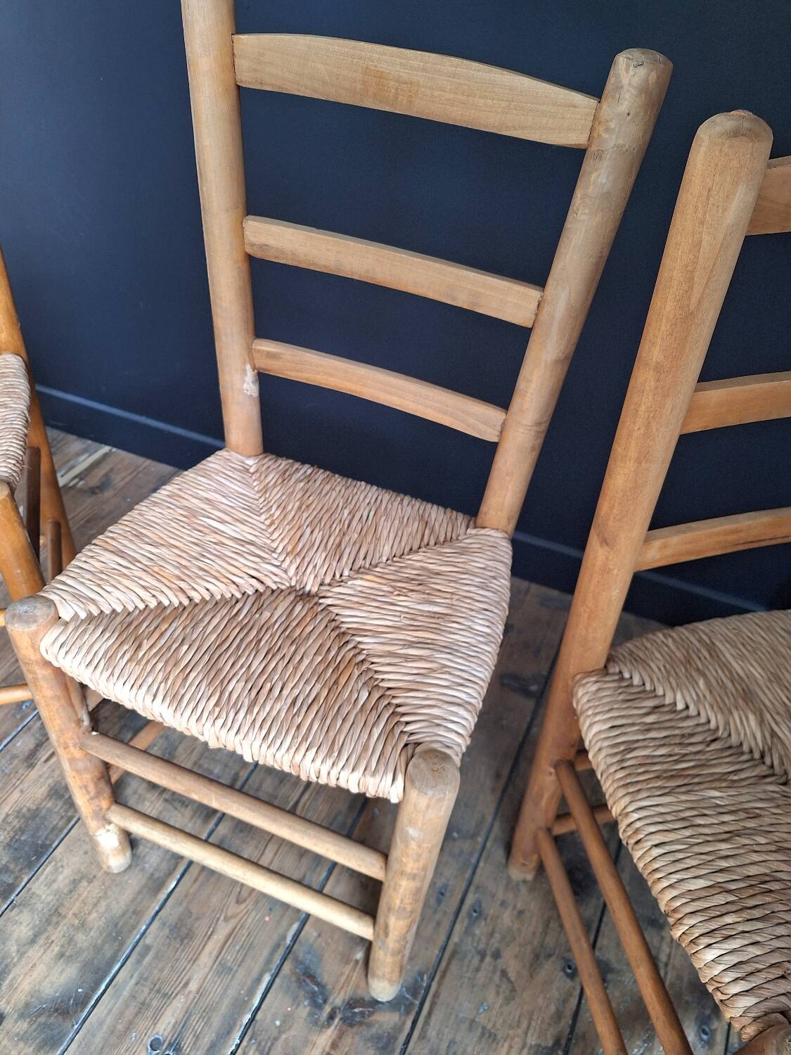 3 vintage straw chairs, antique seating furniture