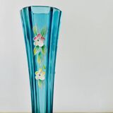 Turquoise soliflore bohemian crystal vase with enameled flower motifs