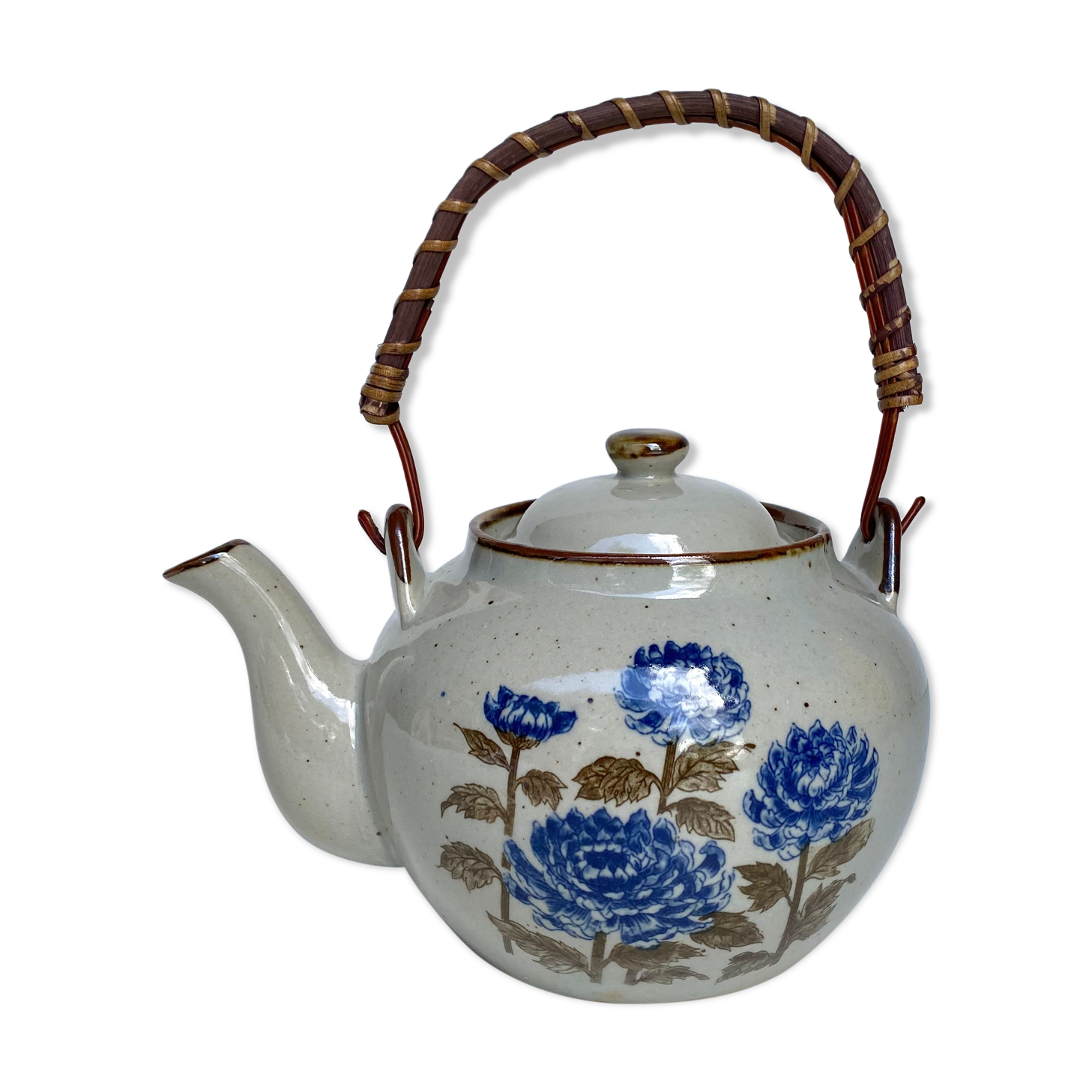 Vintage sandstone teapot wicker handle