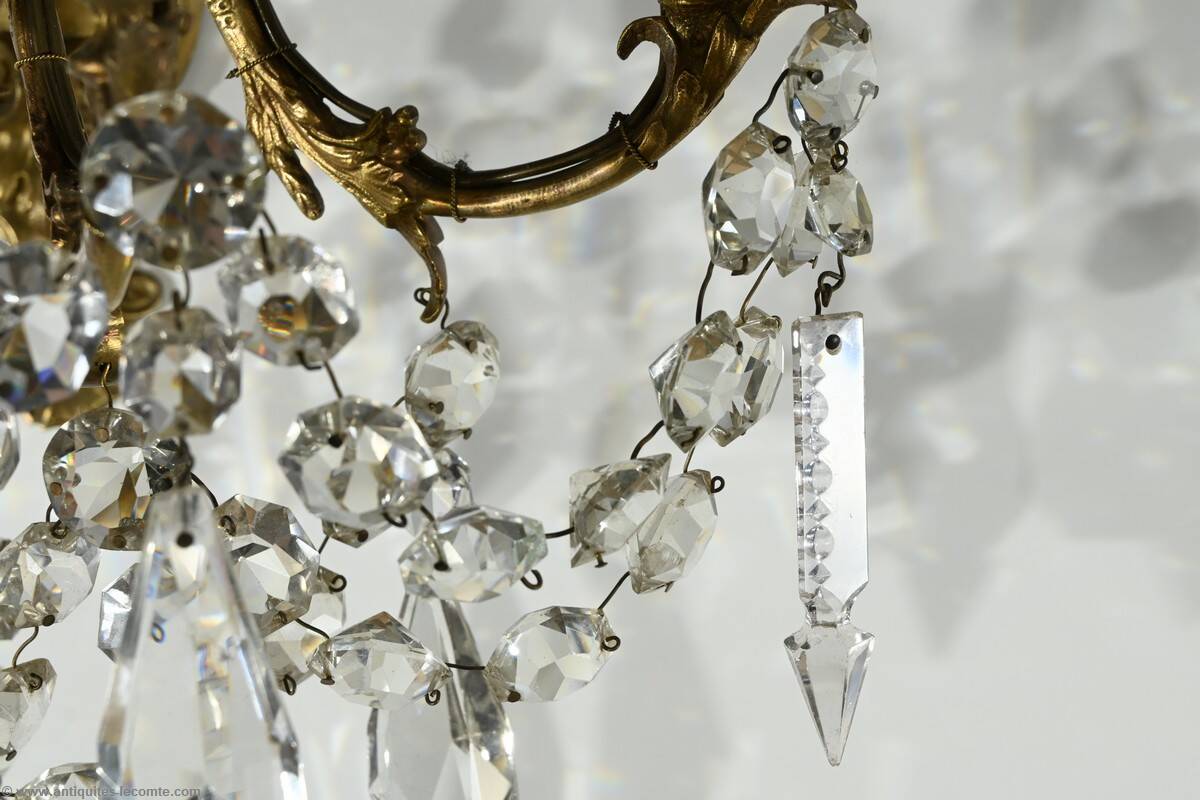 Bronze and Crystal Wall Lights with Pendants, Louis XV style – Late 19th century