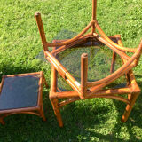 Bamboo pull-out table / leather and vintage glass