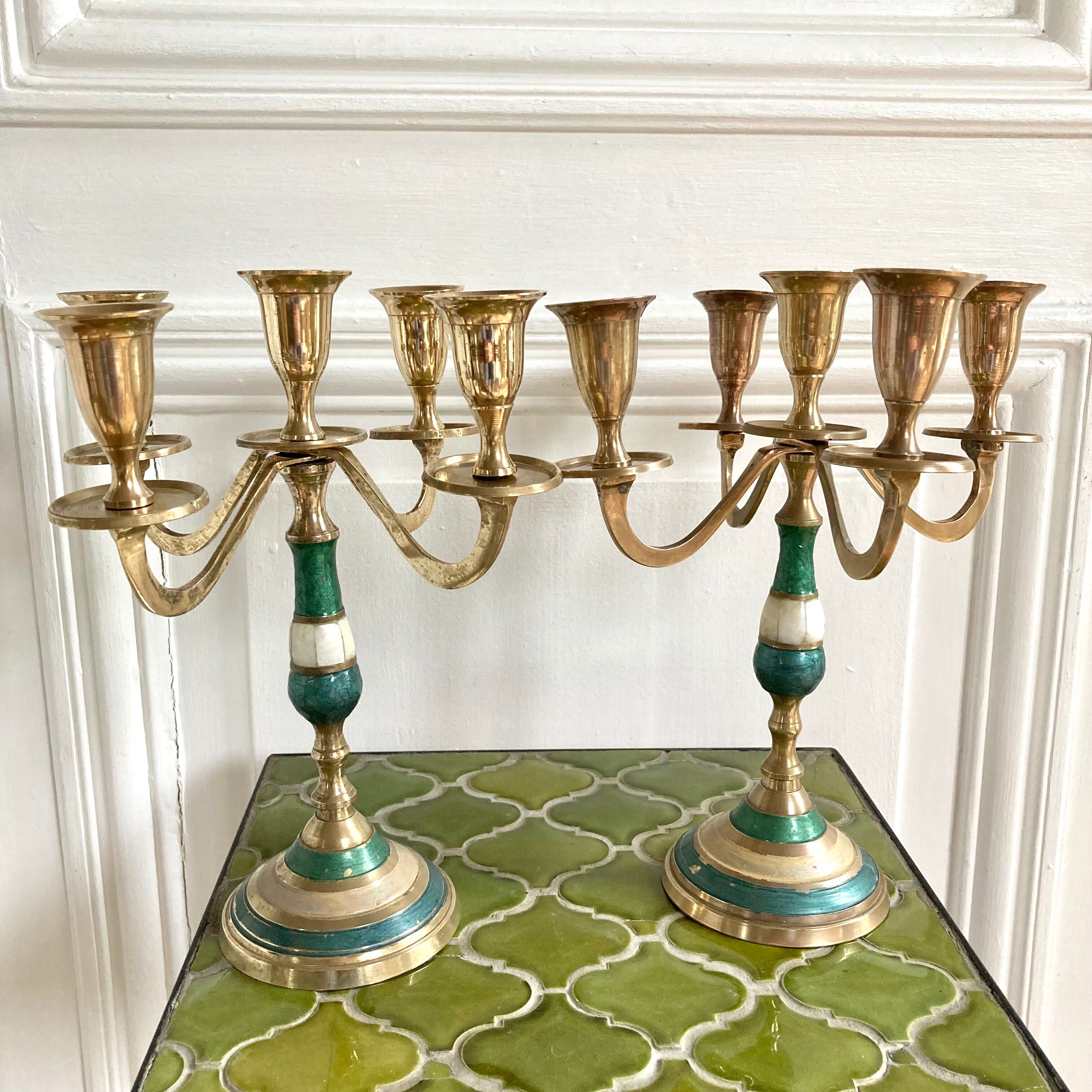 Pair of candlesticks brass and mother-of-pearl candlesticks