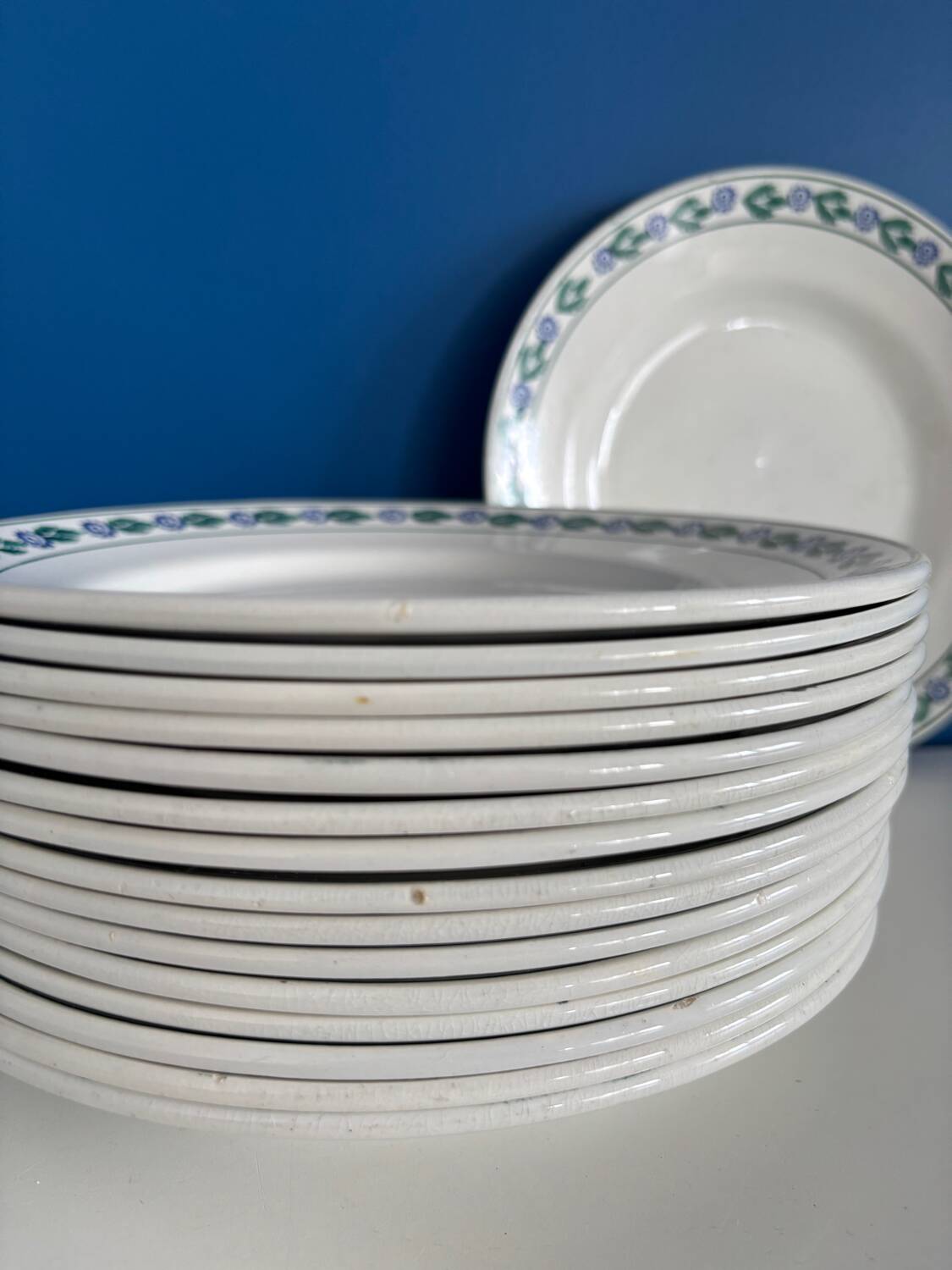 Set of 8 vintage dinner plates - St Amand earthenware, blue floral pattern and