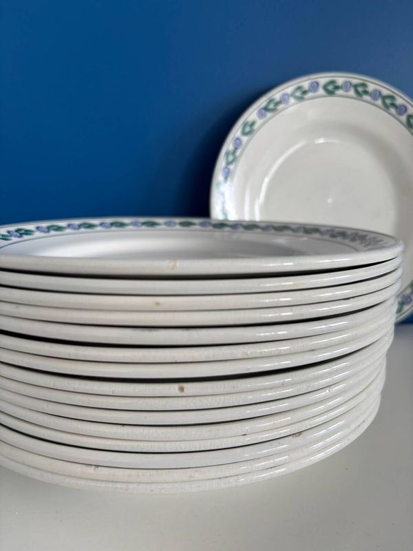 Lot de 8 assiettes plates vintage - Faïence St Amand, motif floral bleu et