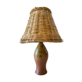 Artisanal lamp in vintage enamelled stoneware and rattan